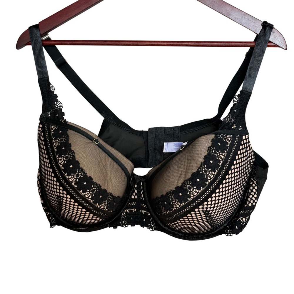 Cacique Boost Balconette Bra Womens 42DD Black Tan Nylon Lace Fishnet 595224